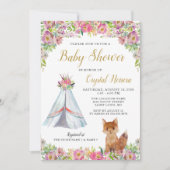 Invitation Boho Chic Floral Fox Teepee Baby shower tribal (Devant)