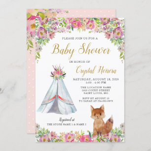 Invitation Boho Chic Floral Fox Teepee Baby shower tribal