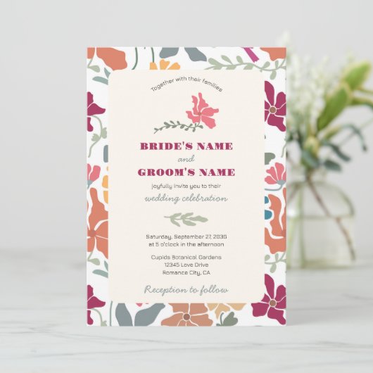 Invitation Boho Chic Floral Mariage Rétro Milieu de Siècle (Debout devant)