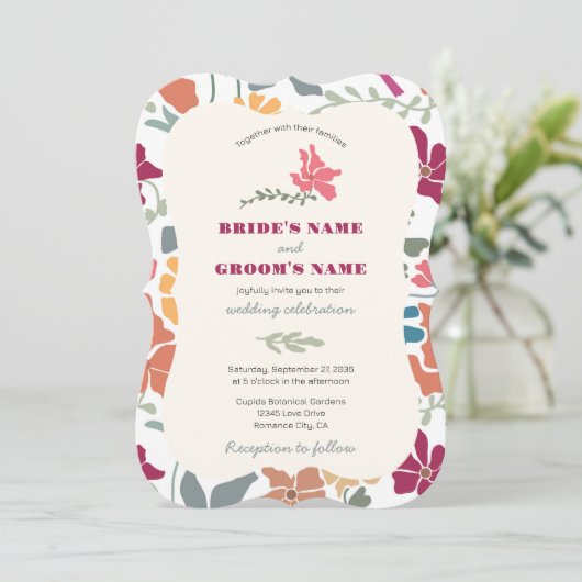 Invitation Boho Chic Floral Mariage Rétro Milieu de Siècle (Debout devant)