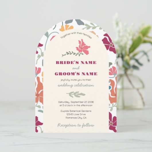 Invitation Boho Chic Floral Mariage Rétro Milieu de Siècle (Debout devant)