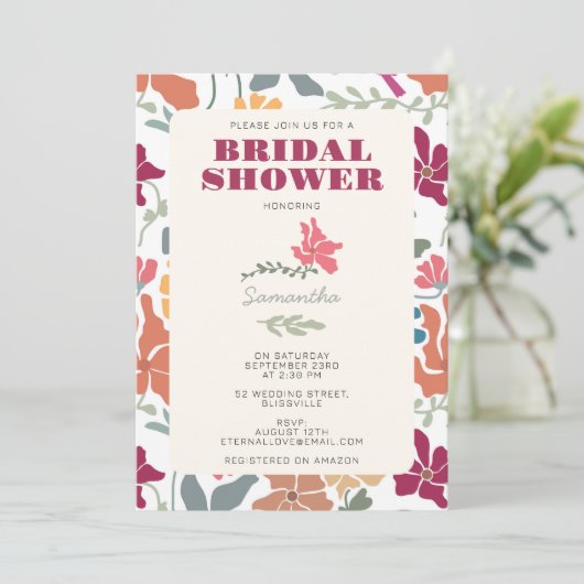 Invitation Boho Chic Floral Retro Mariage Milieu de Siècle (Debout devant)
