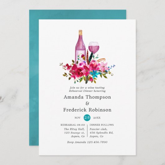 Invitation Boho Chic Floral Vin Dîner De Dégustation (Devant / Derrière)