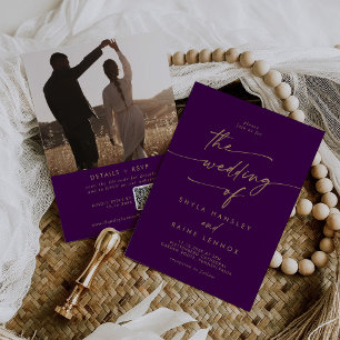Invitation Boho Chic Gold et Purple Photo QR Code Mariage