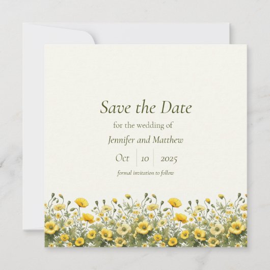 Invitation Boho Chic Jaune Fleurs sauvages, Olive Enregistrer (Devant)