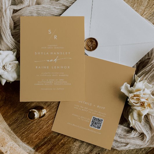 Invitation Boho Chic Jaune Marigold Monogramme QR Code Mariag