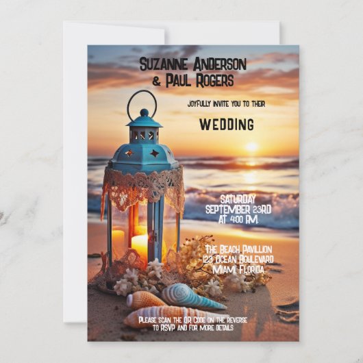 Invitation Boho Chic Lantern Sunset Beach QR Mariage (Devant)