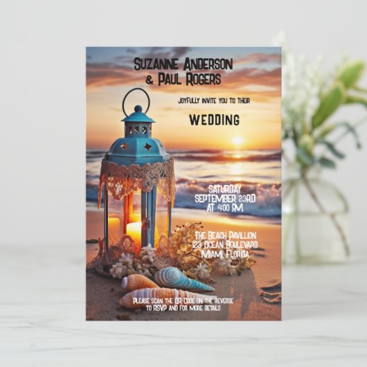 Invitation Boho Chic Lantern Sunset Beach QR Mariage (Debout devant)