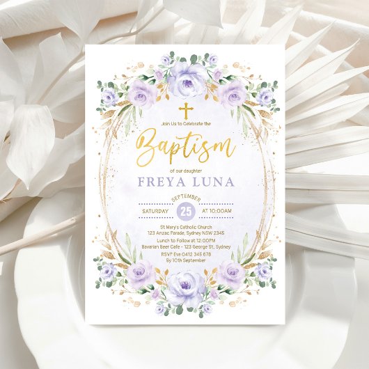 Invitation Boho Chic Lavande Or Fleur Fille Baptême