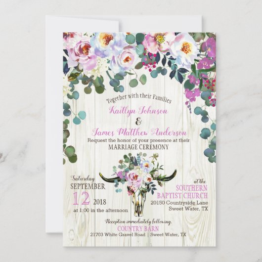 Invitation Boho Chic Longhorn Crâne de vache Mariage floral (Devant)