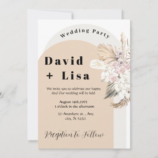 Invitation Boho Chic Mariage avec Pampas Grass et Roses Roses (Devant)