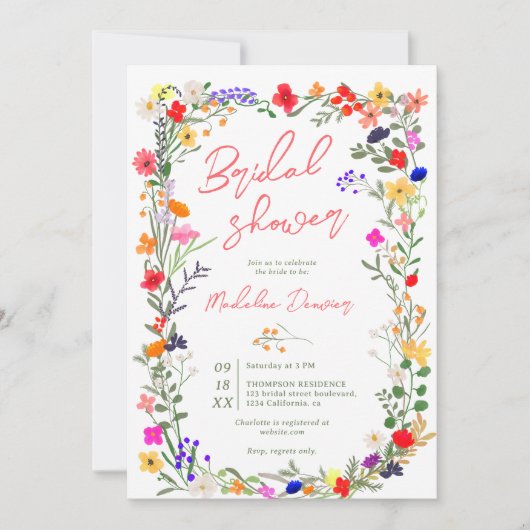 Invitation Boho chic moderne fleurs sauvages éclatantes douch (Devant)