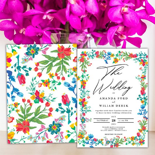 Invitation Boho chic moderne fleurs sauvages vives Mariage