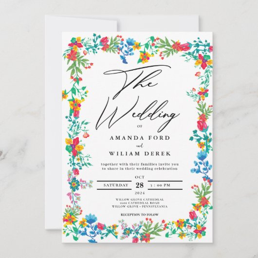 Invitation Boho chic moderne fleurs sauvages vives Mariage (Devant)