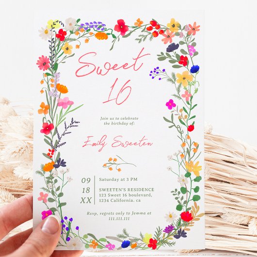 Invitation Boho chic moderne fleurs sauvages vives Sweet 16