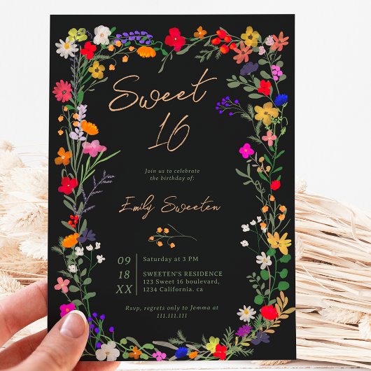Invitation Boho chic moderne fleurs sauvages vives Sweet 16