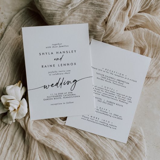 Invitation Boho Chic noir et blanc avant et arrière Mariage
