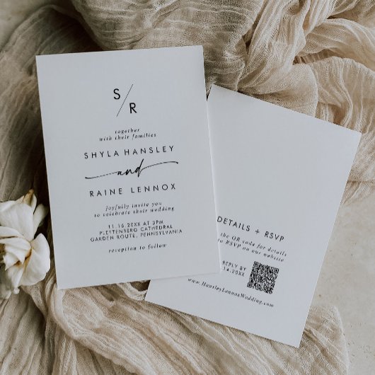 Invitation Boho Chic noir et blanc Monogramme QR Code Mariage
