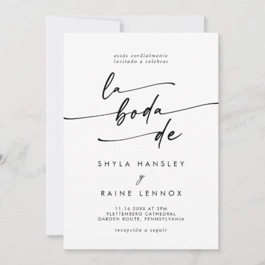 Invitation Boho Chic noir et blanc QR Code Espagnol Mariage (Devant)