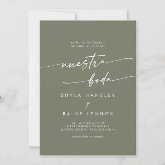 Invitation Boho Chic Olive Green Photo Mariage espagnol (Devant)
