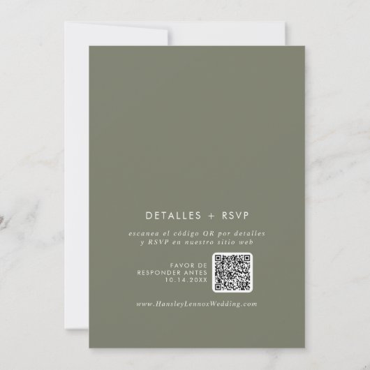 Invitation Boho Chic Olive Green QR Code Espagnol Mariage (Dos)