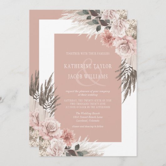 Invitation Boho Chic Pampas Grass Dusty rose Mariage Floral (Devant / Derrière)