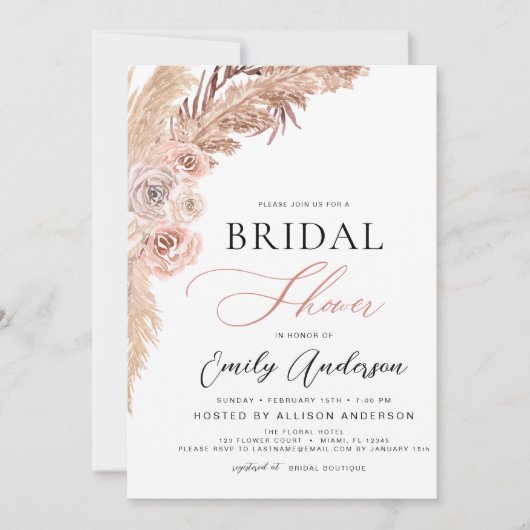 Invitation Boho Chic Pampas Grass Fête des mariées (Devant)