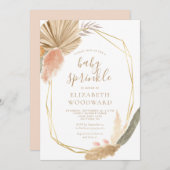 Invitation Boho Chic Pampas Grass Gold Frame Baby Sprinky (Devant / Derrière)