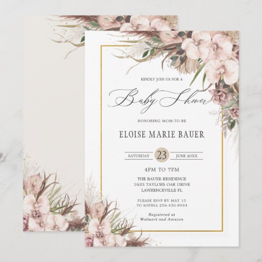 Invitation Boho Chic Pampas Grass Orchid Baby shower Floral (Devant / Derrière)