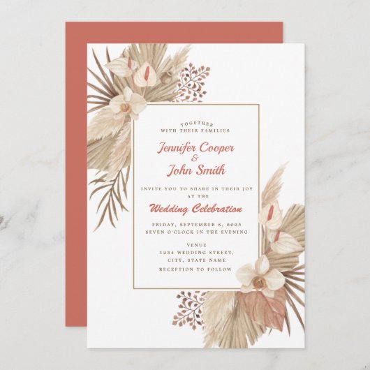 Invitation Boho Chic Pampas Grass Orchid Terracotta Mariage (Devant / Derrière)