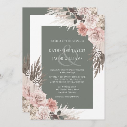 Invitation Boho Chic Pampas Grass Sage Vert Floral Mariage (Devant / Derrière)