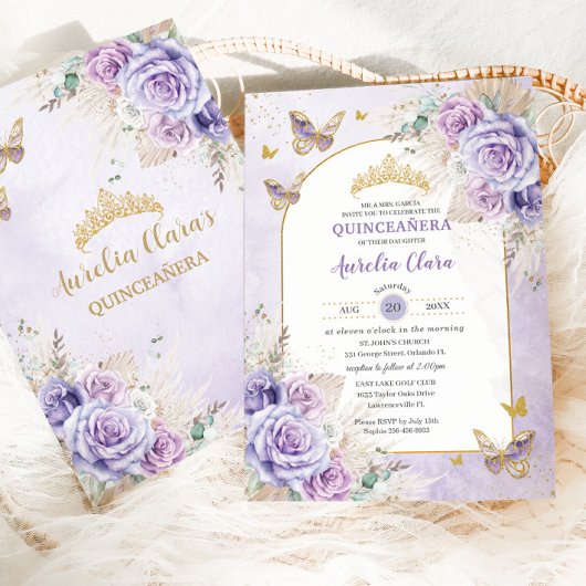 Invitation Boho Chic Pampas Purple Lilac Floral Quinceañera