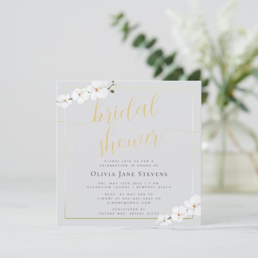 Invitation Boho Chic Pearl Gold Frame Orchids Fête des mariée (Debout devant)
