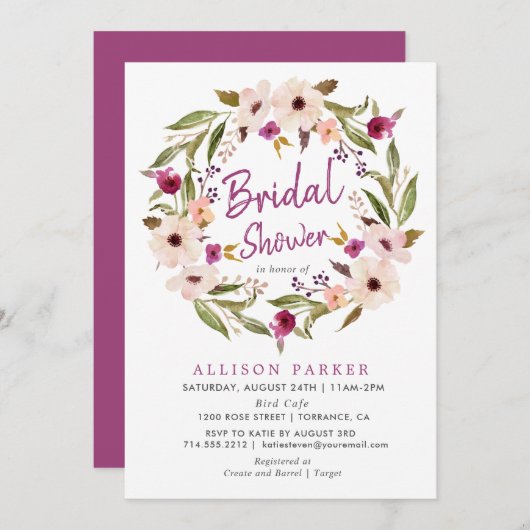 Invitation Boho Chic Plum Flowers Douche nuptiale (Devant / Derrière)