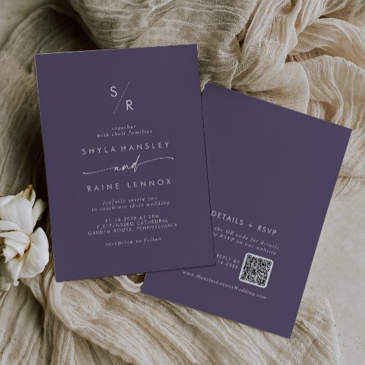 Invitation Boho Chic Plum Purple Monogramme QR Code Mariage