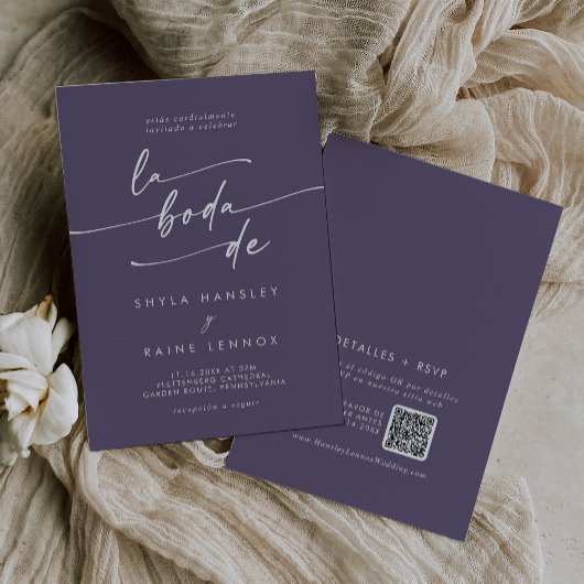 Invitation Boho Chic Plum Purple QR Code Espagnol Mariage