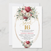 Invitation Boho Chic Red White Gold Floral Sweet 16 Birthday (Devant)