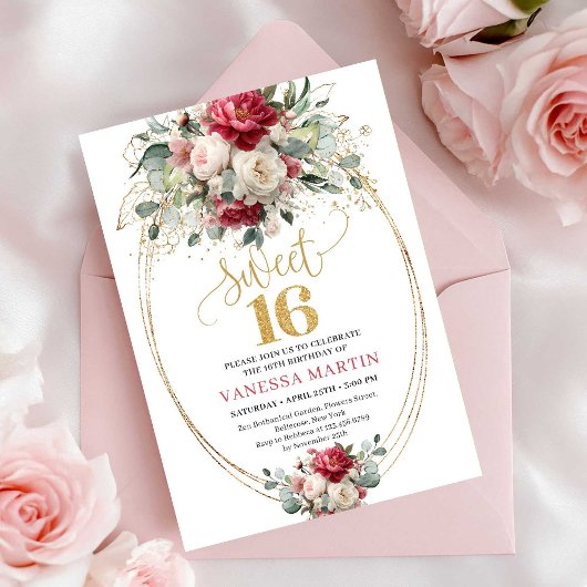 Invitation Boho Chic Red White Gold Floral Sweet 16 Birthday