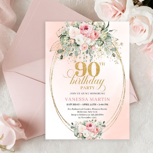 Invitation Boho Chic Rose Pâle Floral Végétation Doré 90e Ann
