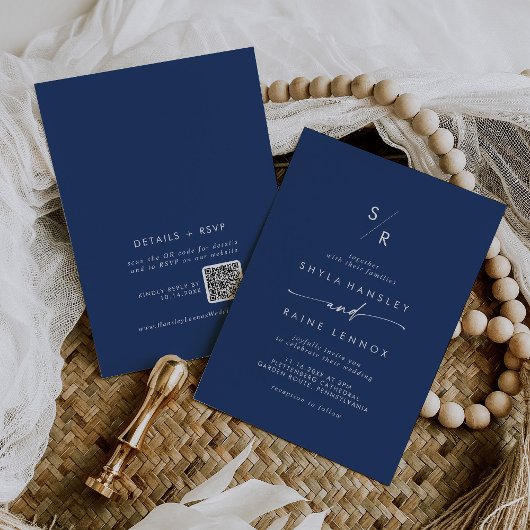 Invitation Boho Chic Royal Bleu Monogramme QR Code Mariage