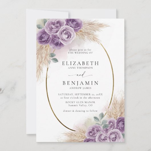 Invitation Boho Chic Rustique Violet Oval Or Elégant Mariage (Devant)