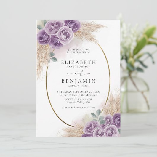 Invitation Boho Chic Rustique Violet Oval Or Elégant Mariage (Debout devant)