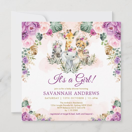 Invitation Boho Chic Safari Jungle Animaux Baby shower fille (Devant)