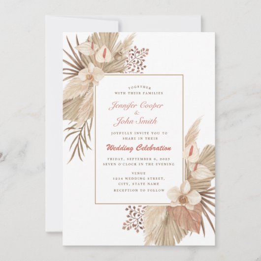 Invitation Boho Chic Terracotta Pampas Mariage orchidée en he (Devant)