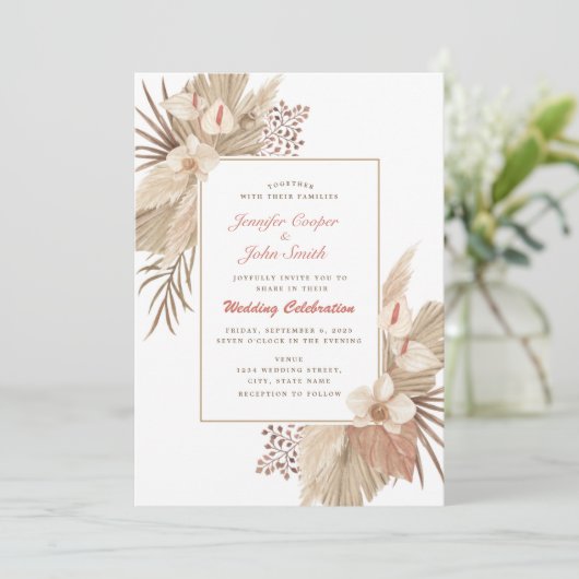 Invitation Boho Chic Terracotta Pampas Mariage orchidée en he (Debout devant)