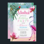 Invitation Boho Chic Tropical Beach Aquarelle Anniversaire<br><div class="desc">Le rose, le bleu et un mélange de couleurs tropicales qui donne l'image d'une plage rose aquarelle qui s'est fondue dans un océan et un ciel aquarellés entourés de feuilles tropicaux. Le fond est orné d'un palmier vintage et d'ananas pour compléter le look. Un panneau à bordure dorée sur le...</div>