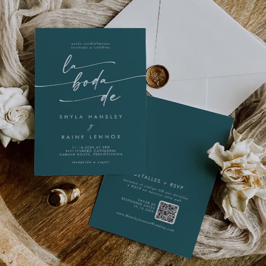 Invitation Boho Chic Turquoise Bleu QR Code Espagnol Mariage