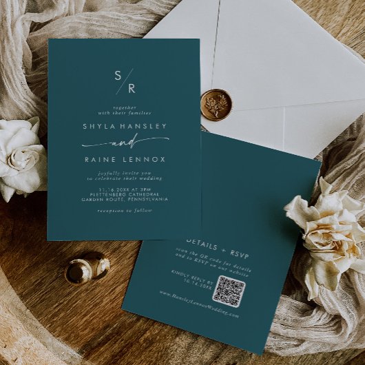 Invitation Boho Chic Turquoise Monogramme QR Code Mariage