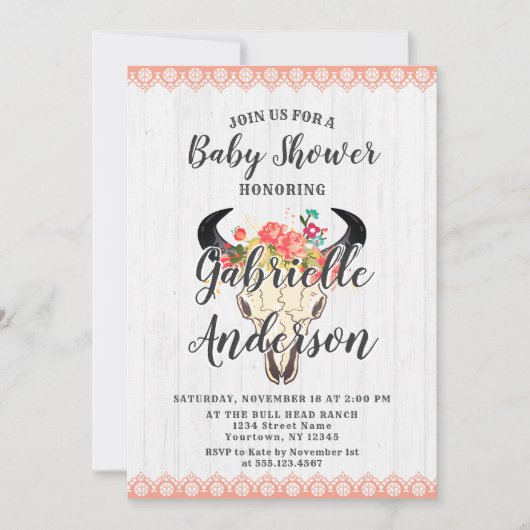 Invitation Boho Chic Vache Crâne Floral Baby shower Invitatio (Devant)