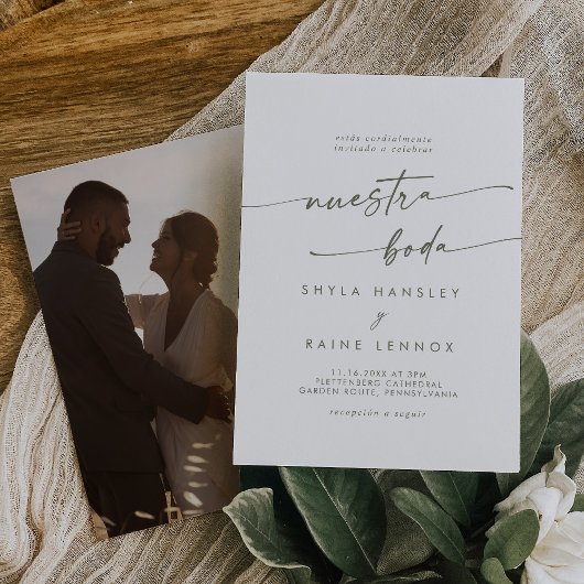 Invitation Boho Chic Vert et Blanc Photo Mariage espagnol